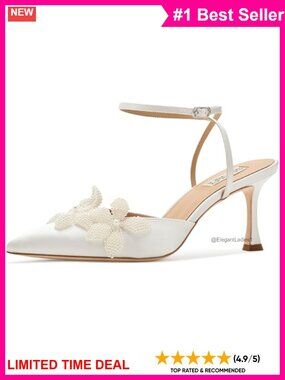 White Satin Floral Open Toe Flare Heel Buckle Pump